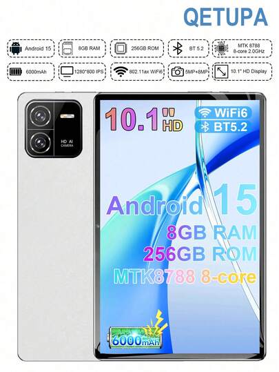 Qetupa 10.1英寸安卓15平板电脑，8GB运行内存+256GB存储空间，MTK8788八核2.0GHz处理器，1280*800高清显示屏，6000mAh长效电池，500万像素前置摄像头和1300万像素双后置摄像头，支持WiFi 6和蓝牙5.2。适用于多任务处理、视频播放、在线学习和办公，性能稳定，满足日常需求。非常适合学生、上班族和家庭用户。