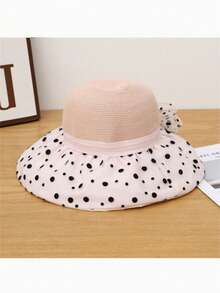 1pc Polka Dot Mesh Bow Straw Hat, Women Large Brim Sun Protection Hat, Foldable Beach Vacation Sun Hat, Spring/Summer - A - View 11