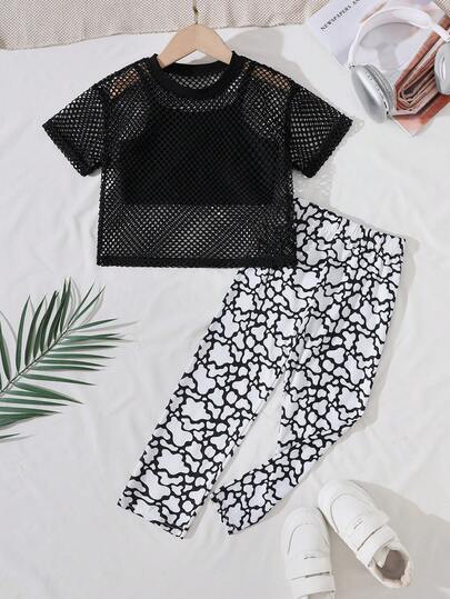 女童三件套：格纹短袖开衫+吊带背心+印花长裤，春夏时尚套装