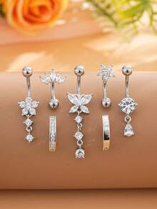 7pcs Stainless Steel Butterfly & Water Drop Navel Rings Set, Classic Belly Button Piercing Jewelry With Shiny Zirconia Stones, Suitable For Daily Wear - Silver - View 7