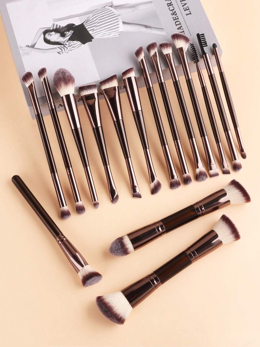 ronshadow 16pcs Professional Dual-Ended Makeup Brush Set, Foundation Contour Concealer + Eye & Brow Detail Brushes, Dual-Fiber Easy Application, Portable Makeup Tools - Multicolor - View 1