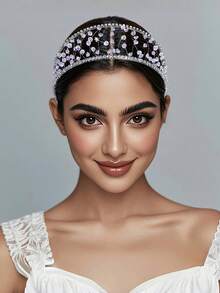 1pc Shiny Silver Crystal Rhinestone Wide Headband, Minimalist Fashion Crystal Beaded Hollow Hair Hoop, Suitable For Bride, Wedding, Celebration, Outing, Party, Casual Wear Hairband - Silver - View 5