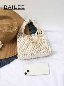 BAILEE 1 Set Polyester Crochet Mesh Bottom Multi-Color Solid Knitted Tote Bag, Quilted Pattern, Lightweight Portable Large Capacity Cute Fashion Beach Bag, Suitable Women, Young Professionals, Teachers/Girls - 白色 - 查看 4