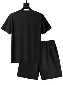 Men'S Casual T-Shirt And Shorts Set - "Best Dad Ever" Graphic, Black, Short Sleeve, Crew Neck, Regular Fit, Summer Wear, Casual Attire|Playful Graphic|Short Sleeve Shirt, T Shirt Set - 黑色 - 查看 2
