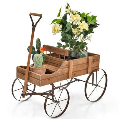  COSTWAY Wooden Wagon Planter With Adjustable Handle, Dual Compartments, 4 Wheels, Rustic Outdoor Pot Stand For Garden, Patio, Backyard, Brown