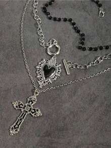 3pcs Vintage Gothic Style Beaded Black Heart OT Chain, Punk Rock Retro Sweet Goth Necklace, Dark Gothic European & American Y2K Choker Necklace Design European American Style Stackable Clavicle Chain Jewelry All-Match Design Everyday Wear Evening Party Street Style Her Female Friends Lover Festival Accessories - 銀 - 查看 6