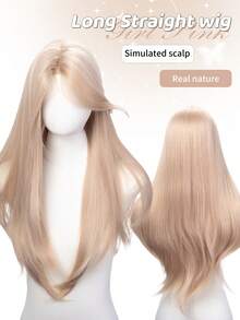 30-Inch Long Synthetic Wig Featuring A Natural Straight Style A Stunning Apricot. It Is Crafted From Heat-Resistant Fiber To Ensure Durability. This False Hairpiece Is Perfect For Daily Use, Offering A Natural And Realistic Appearance That Mimics - Apricot - View 1