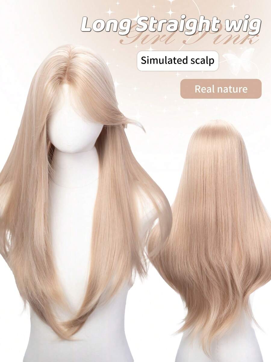 30-Inch Long Synthetic Wig Featuring A Natural Straight Style A Stunning Apricot. It Is Crafted From Heat-Resistant Fiber To Ensure Durability. This False Hairpiece Is Perfect For Daily Use, Offering A Natural And Realistic Appearance That Mimics - Apricot - View 1