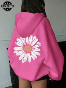 女款棉質上衣，夏季雛菊印花上衣，春夏新品：春夏連帽衫，春夏女裝 - 玫紅色 - 查看 2