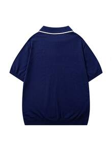 Men's Neutral Knitted Polo Collar Casual Commute Versatile Business Fit Short Sleeve Pullover T-Shirt Top Spring Summer - Navy Blue - View 4