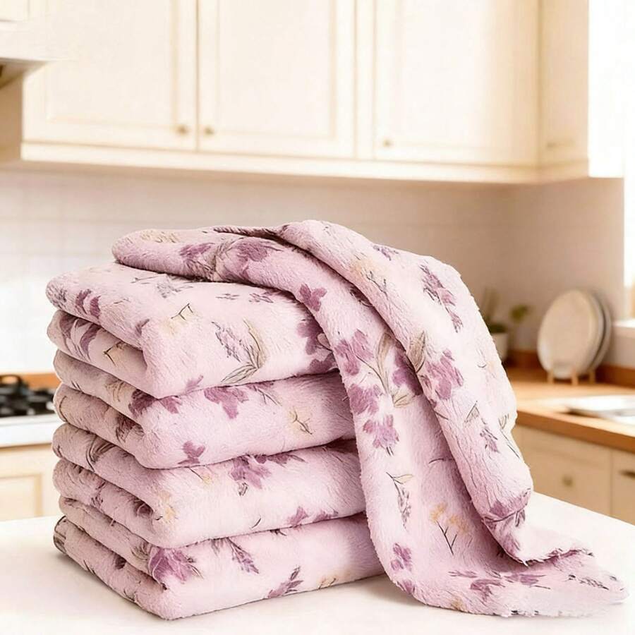 5pcs Printed Coral Fleece Dishcloths, Thick Absorbent Cleaning Rags For Kitchen - Coral Fleece Kitchen Scouring Pad - View 1