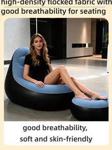 1pc New Inflatable Slouchy Sofa, Foldable Recliner Chair, Camping Outdoor Travel With Footrest Combination, Flocked Fabric Sofa Bed - Multicolor - View 10