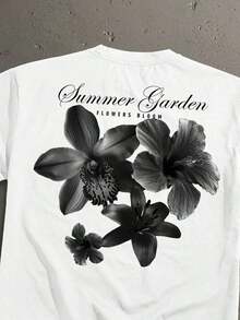 Camiseta de manga corta holgada y corta con estampado casual de fuente manuscrita floral para hombre, esencial para citas y reuniones, regalo de pareja de moda para el novio - Blanco - Ver 4