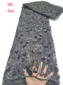 Vải ren lưới Pháp màu xanh lá cây với sequin 3D, vải ren tuyn châu Phi chất lượng cao màu trắng 2026 để may váy cưới, váy dự tiệc thanh lịch cho nữ, màu đen, 1 yard/5 yard. - A - Xem 13