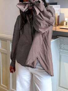 Áo sơ mi dài tay kẻ caro thắt nơ thời trang, thanh lịch, tối giản, thích hợp cho đi làm, mặc hàng ngày, dự tiệc trà, mọi mùa xuân. - Cà phê nâu - Xem 2