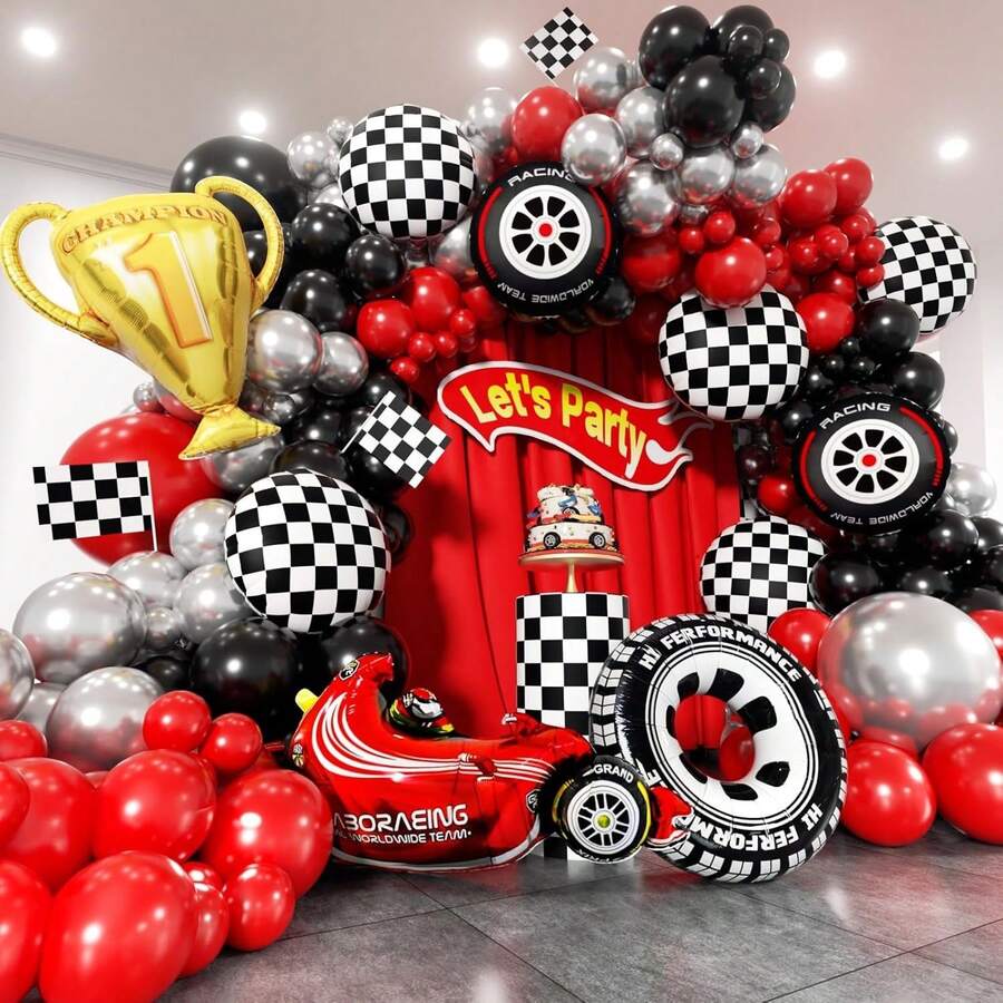 120pcs Racing Car Theme Balloon Arch Set - Includes Race Car, Tire, Checkered Flag, Wheel And Red, Black, Silver Balloon Garland. Ideal For Racing Car Theme Birthday Party, Gender Reveal Party, Baby Shower, Anniversary Celebration And Racing Car Theme Decoration. - View 1