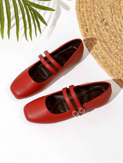 New French Breeze Flat Mary Jane Shoes, Square Toe Slip-On With Double Straps For Women