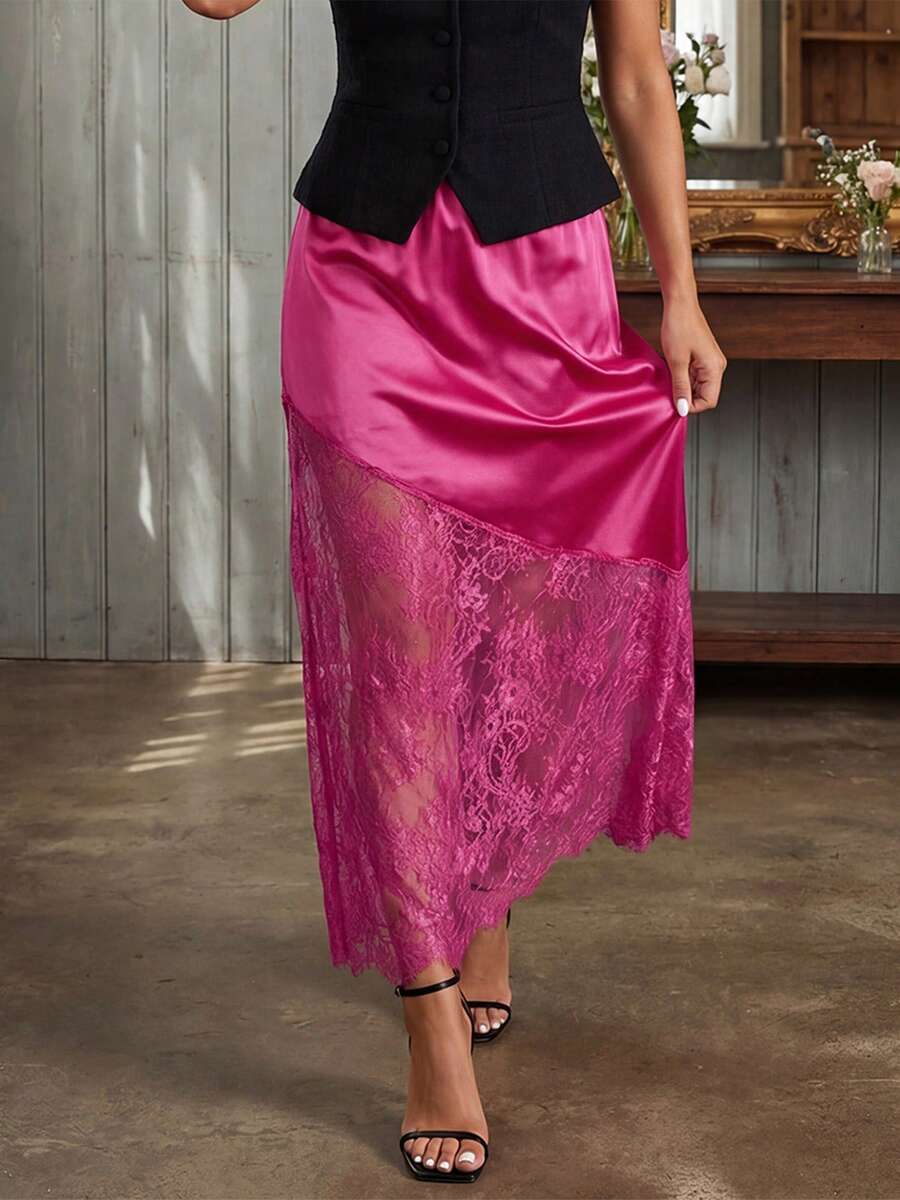Falda larga de satén con encaje y diseño patchwork para mujer, elegante, de color liso y talle alto, ideal para el verano. - Rojo - Ver 1