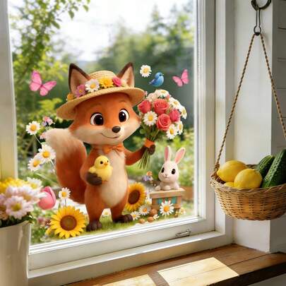 1/4 set Autocollants de fenêtre mignons avec motifs animaux et floraux, fabriqués en matériau PVC réutilisable avec adhérence statique, convient pour le café, la chambre, le salon, la cuisine et la décoration de la maison toute saison