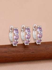 Three Same Purple Zirconia Hoop Earrings Set For Women New Design Wedding Party Earrings Gifts Jewelry - 1-silver-3PCS - View 2