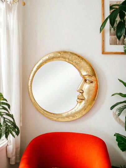 1件树脂金色新月形装饰壁镜，创意背景墙装饰家居艺术梳妆镜，适用于墙面装饰、房间装饰、梳妆台、化妆台和摄影道具