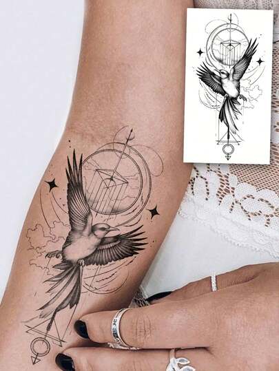 1 großes temporäres Tattoo Aufkleber, unisex, schwarze runde geometrische Linienmuster Vogel, wasserfest, hält 2-5 Tage, kann Narben abdecken, geeignet für Arme, Handgelenke, Schultern, Beine, Taille, Nacken, Hände, Brust, Oberschenkel, Finger, Knöchel und andere Körperteile, passend für Partys, Geschenke, Urlaub, Körperdekoration und andere Anlässe.