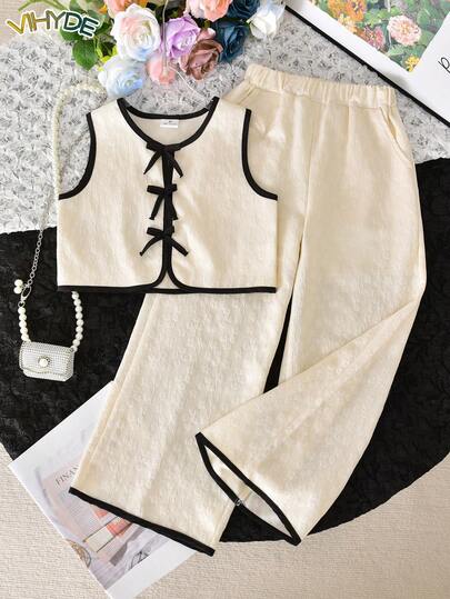 Vihyde Girls' Elegant 2 Pieces Set: Textured Sleeveless Top With Bow Accent & Wide Leg Pants, Beige