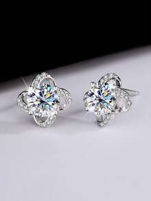 S925 Sterling Silver Four-Leaf Clover Moissanite Earrings, Minimalist Elegant Cubic Zirconia Earrings, Gift Box Packaging For Women - Multicolor - View 3