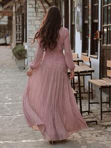 Solessence Elegant Round Neck Formal Evening Dress With Front Slit Design, Suitable For Wedding Reception, Gala, Anniversary Celebration And Formal Party - Dusty Pink - View 3