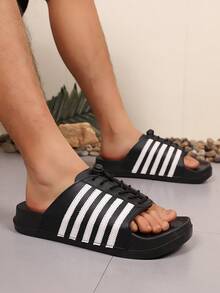 Men's Striped Design Sports Slide Sandals, 2026 Summer Classic Thick Sole Slip-On Slip-On Sandals, Beach Holiday Flip Flops - Black - View 4