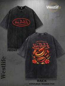 Men Washed Cotton Streetwear Brand Originals Vons Dutchs Snake And Clover Print Casual Tee For Daily Wear Outdoors | Front And Back Print | Vintage Heavyweight T Shirt | Perfect Gift | Loose Comfortable Breathable | Machine Washable Fabric | Hip Hop Cool Style | Drippy Clothes | Y2K - 黑色 - 查看 2