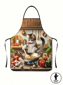 1pc Cartoon Cooking Cat Apron, Casual Style, 100% Polyester, Non-Stretch Fabric, Woven, 150g/M², Tie Back Detail, Loose Fit, All-Season Kitchen Apron For Men And Women - 60*80cm - View 3