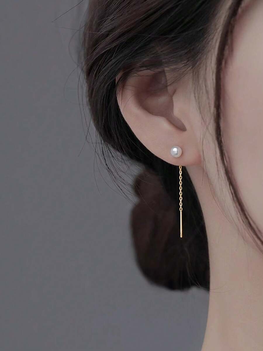 2件套优雅珍珠耳链耳环 - 金黃色 - 查看 1