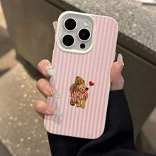 1个条纹小熊爱心图案荔枝纹理TPU手机壳，兼容苹果17/16/15/14/13/12/11 Plus/Pro Max系列，个性化INS风格保护套，时尚简约可爱设计，全方位保护 - 彩色 - 查看 6