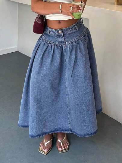 Falda vaquera larga de estilo casual de vacaciones para mujeres, con detalles de botones y cremallera, hecha de tela no elástica, adecuada para citas diarias y viajes, cómoda de llevar