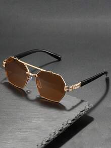 一副男士金色边框双梁不对称多边形时尚眼镜，金属材质，防晒，轻奢欧式街头风时尚眼镜，黑金镜腿，都市漫步风格 - 彩色 - 查看 6