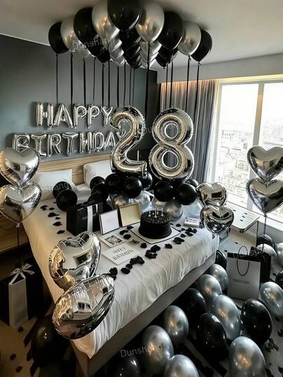 67 delar silver- och svarta födelsedagsdekorationer - Födelsedagsdekorationer för män och kvinnor, födelsedagsbanderollbokstäver + silverfärgade hjärtballonger + 500 non-woven blomblad, förtjockade latexballonger, lämpliga för 15:e, 16:e, 17:e, 18:e, 19:e, 20:e, 21:a, 22:a, 23:e, 24:e, 25:e, 26:e, 27:e, 28:e, 29:e, 30:e, 35:e, 40:e födelsedagsdekorationer, festdekorationer, födelsedagsfesttillbehör, rumsdekor, bröllop, examen, romantisk sovrumsdekoration för par