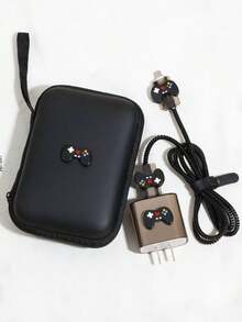 Cartoon Gaming Console Pattern 6 In 1 Set Black Shockproof TPU EVA Cable Organizer Bag 1.5M Winding Clip Charging Head Protector Compatible With Apple 20W Fast Charging Cable Sleeve Charger Protector Women's Day Gift Birthday Celebration - Black - View 1