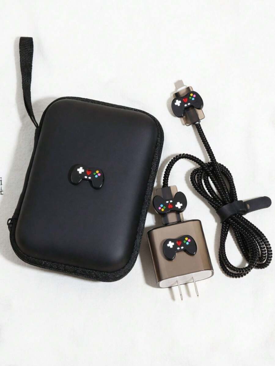 Cartoon Gaming Console Pattern 6 In 1 Set Black Shockproof TPU EVA Cable Organizer Bag 1.5M Winding Clip Charging Head Protector Compatible With Apple 20W Fast Charging Cable Sleeve Charger Protector Women's Day Gift Birthday Celebration - Black - View 1