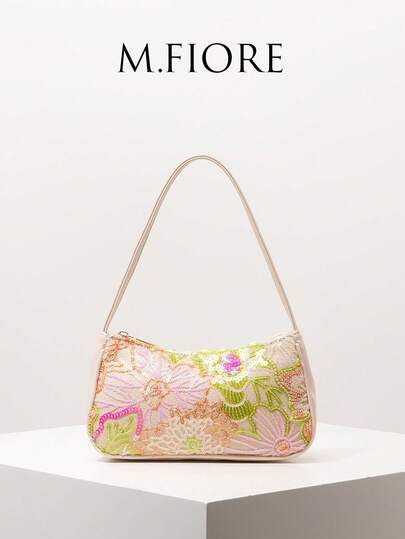 Sequin Floral Embroidered Shoulder Bag, Suitable For Gala Night, Party, Prom, Wedding, Elegant Women's Gifts