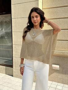 FOR BEAUTY 夏季新款女士纯色罗纹卡其针织外套，不对称下摆设计，精细光泽针织面料，轻盈透气，略微宽松版型，适合各种身材，度假沙滩休闲风上衣 - 卡其色 - 查看 4