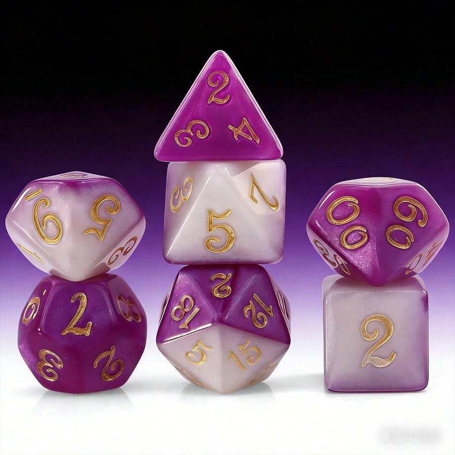 7 件套多面骰子，白紫双色，金色数字，节日礼物，户外游戏