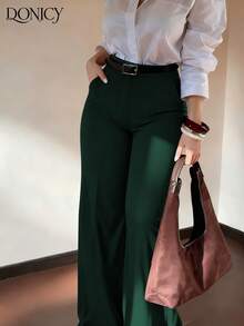 大码女式阔腿裤，垂坠面料，高腰金属扣装饰，适合办公室和休闲场合穿着。 - 墨綠色 - 查看 4