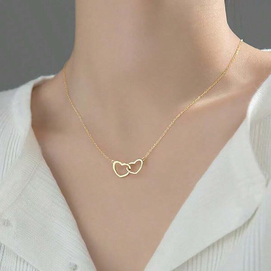 Collier pendentif minimaliste à double cœur creux, cadeau polyvalent - Collier en forme de cœur - Voir 1