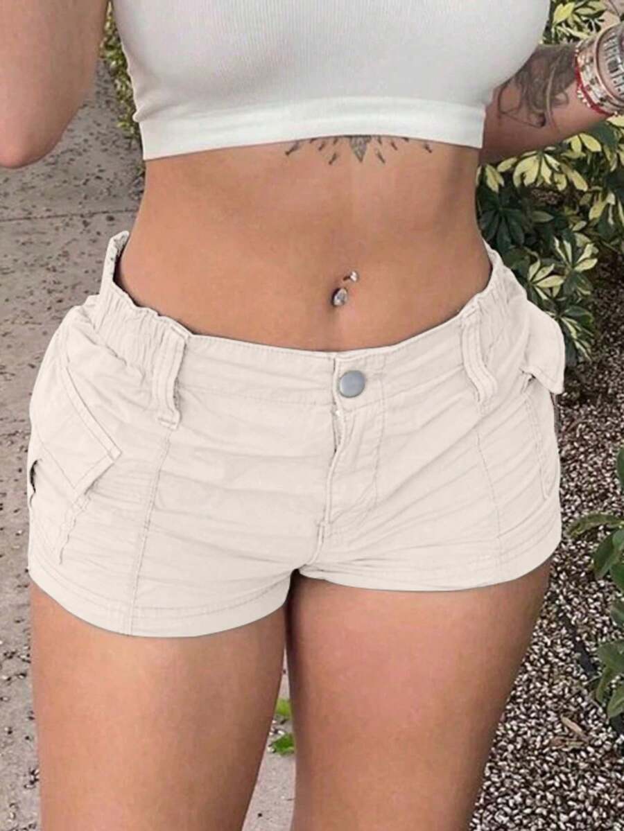 Y3K街头风弹力腰带翻盖口袋侧边工装短裤，纯色休闲短裤，适合日常穿着，也适合Y2K音乐节夏季穿着。 - 米色 - 查看 1