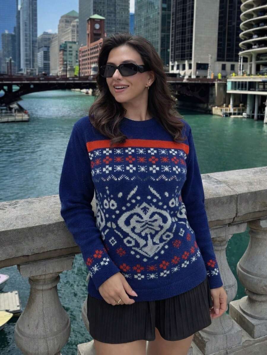 Women's Long Sleeve Knit Sweater For Winter With Geometric Pattern And Mousse Fabric - azul real - Ver 1