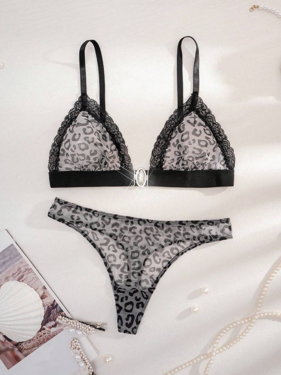1 Conjunto de lencería de mujer con copa triangular inalámbrica, cierre frontal y estampado de leopardo en unicolor - Multicolor - Ver 1