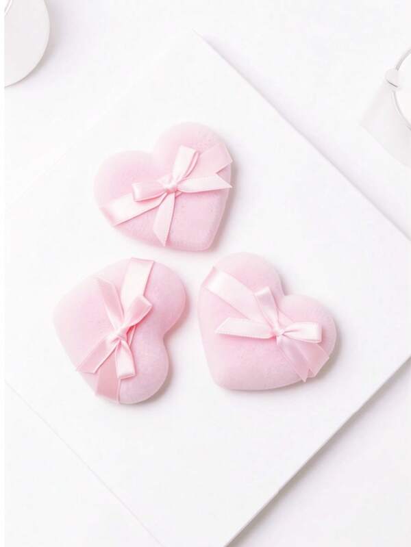 8/3个蝴蝶装饰化妆海绵粉扑，心形柔软面部散粉扑，适用于散粉、矿物粉、定妆粉（粉色）