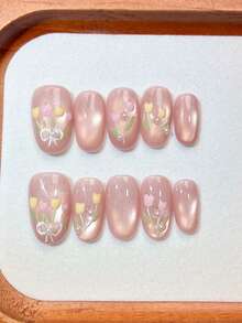 10er Set, handgemachte, verschleißfeste, weiche rosa Katzenauge Tulpen Nagel Sticker, handbemalte 3D Blumen Edelstein dekorierte Kunstnägel, zarte Puder Farbverlauf Maniküre Teile, einzigartiger Frühlingsstimmung Nagel Covers, vielseitig für Pendeln & Date, Braut & Brautjungfer sanfte Stilrichtung, Studenten tägliches frisches Design, abnehmbar & wiederverwendbar, nicht schädlich für natürliche Nägel, geeignet für Anfänger, Stil - Babypink - Übersicht 13