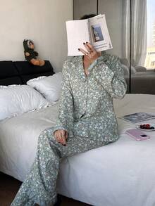 Dreamivo 绿色樱花印花荷叶边女士长袖睡衣套装 - 綠色 - 查看 5